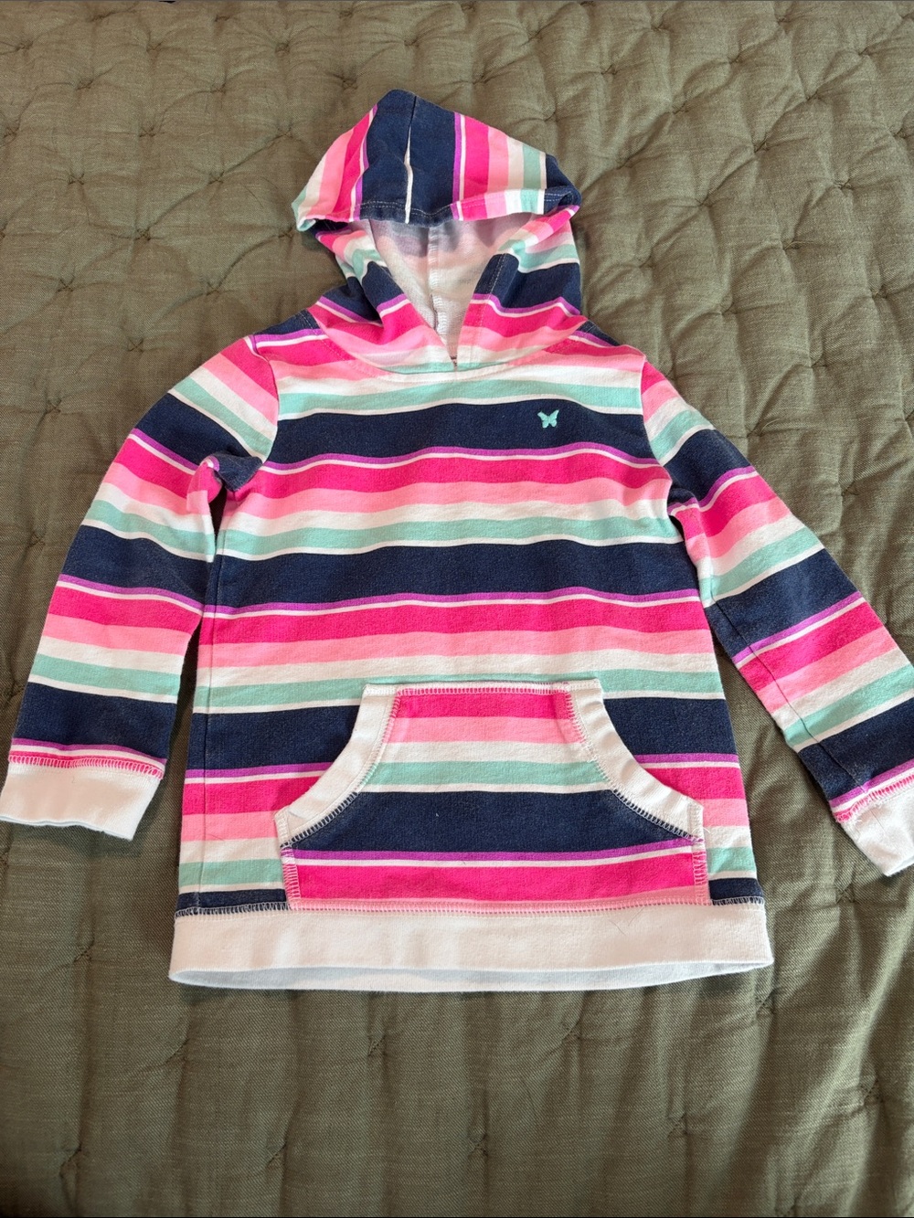 Girls Striped Hooded Pullover - Pink, Navy & Mint